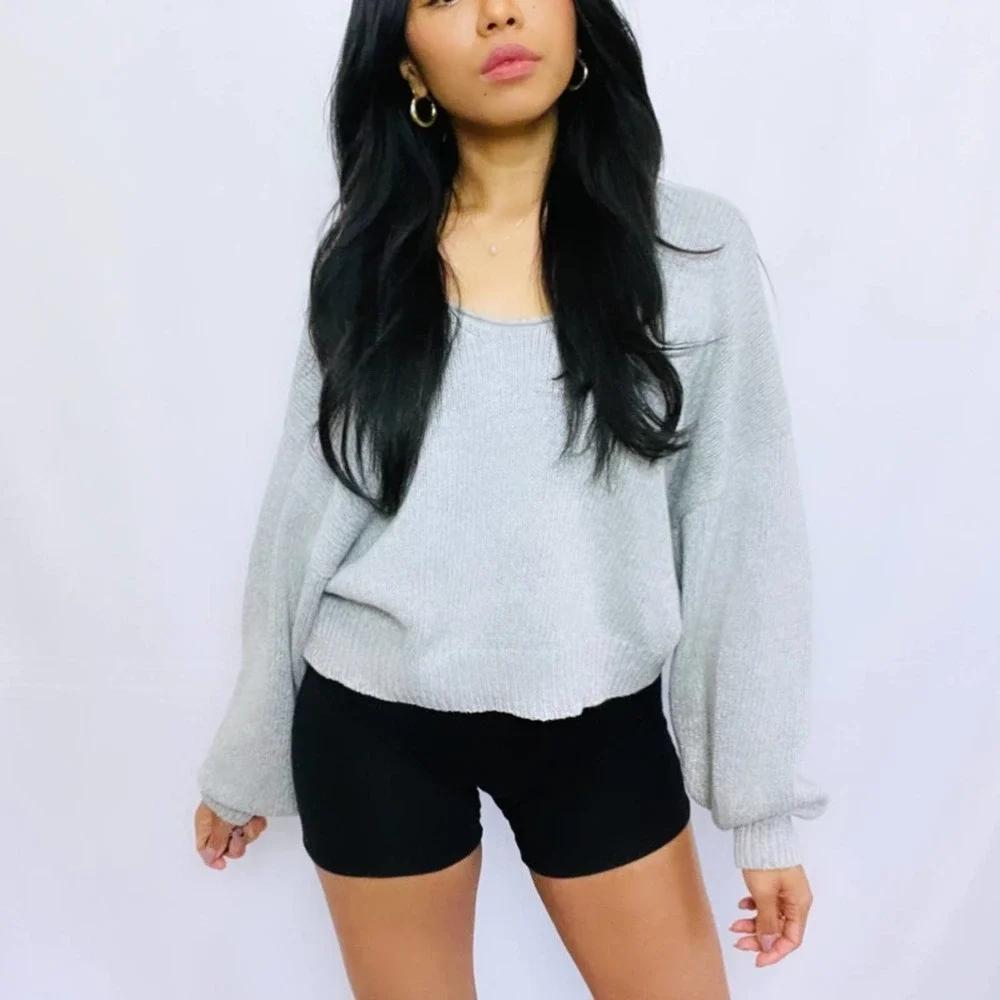 Free People | Grey 100% Cotton Cropped Oversized Drop Shoulder Sweater S - Picture 1 of 12